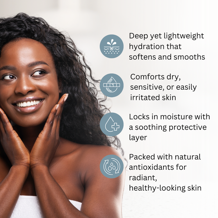 Avocado oil offers deep yet lightweight hydration that softens and smooths dry, sensitive skin and locks in moisture.