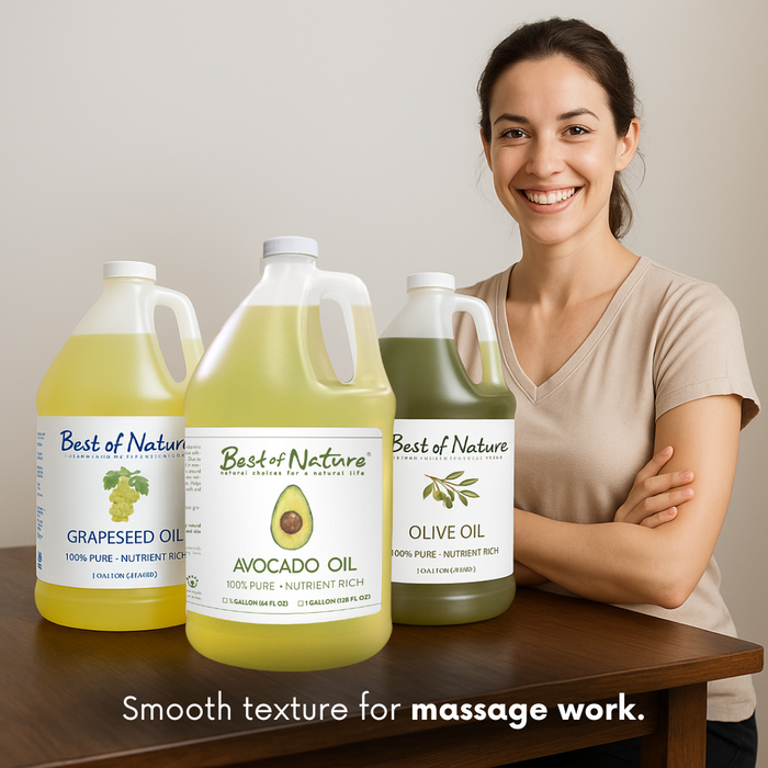 Best of Nature Massage Oil for Massage Therapists - grapeseed, avocado and olive oil offer smooth texture for massage work