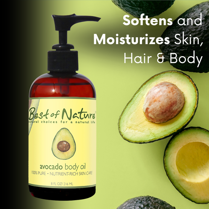 Best of Nature Avocado Oil softens and moisturizes skin, hair and body.