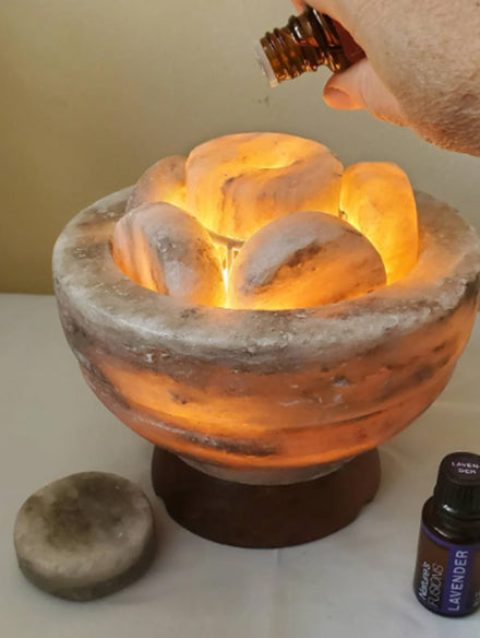 Gray Himalayan Salt Warming Bowl with 6 Professional Gray Massage Salt Stones + Aromadisc