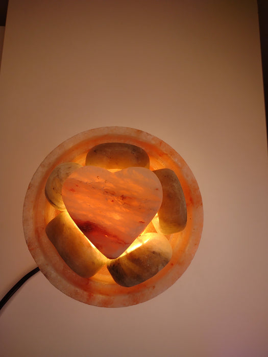 Pink Himalayan Salt Warming Bowl with 5 Professional GRAY Salt Massage Stones + Heart Stone + Aromadisc
