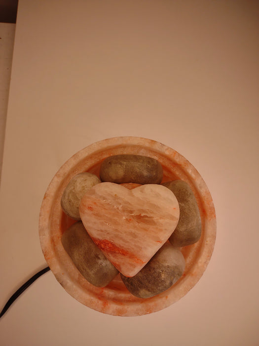 Pink Himalayan Salt Warming Bowl with 5 Professional GRAY Salt Massage Stones + Heart Stone + Aromadisc