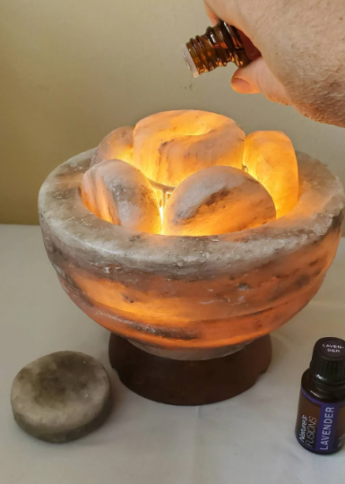 Gray Himalayan Salt Warming Bowl with 6 Professional Gray Massage Salt Stones + Aromadisc