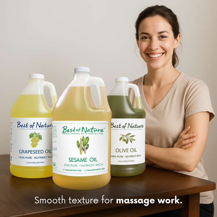 Sesame Oil, Grapeseed Oil and Olive Oil by Best of Nature - smooth texture for massage work. Affordable choices for massage therapist.