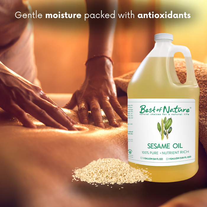 Bottle of Best of Nature Sesame Oil with hands applying oil to skin, emphasizing gentle moisture and antioxidants.