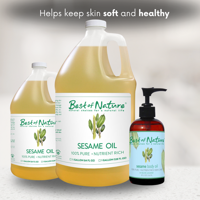 Sesame Oil in all sizes helps keep skin soft and healthy. Available in half gallon, gallon, 5 gallon and 8 oz.