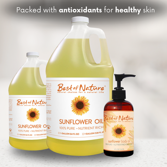 Half Gallon (64 oz), Gallon (128 oz) and 8 oz of Sunflower Oil by Best of Nature - packed with antioxidants for healthy skin.