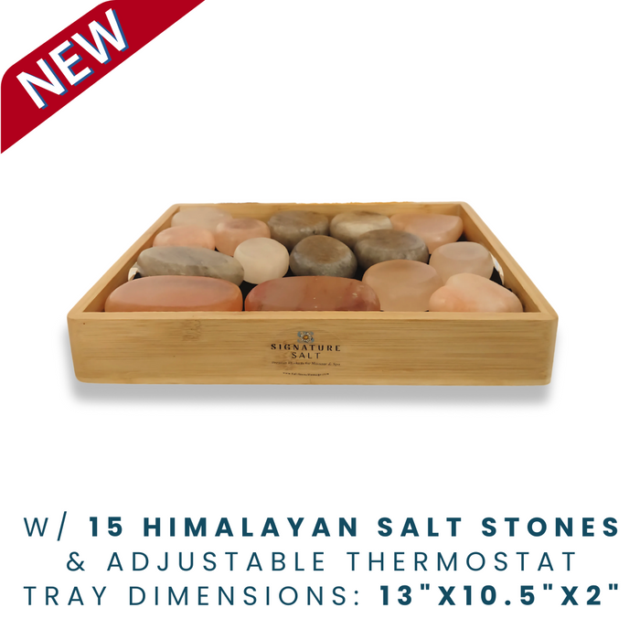 Bamboo Heating Tray with 15 Himalayan Massage Salt Stones and Adjustable Thermostat