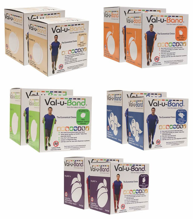 Val U Band Latex Free Exercise Bands - 5 Foot Strips, 50 & 100 Yard Rolls - CanDo