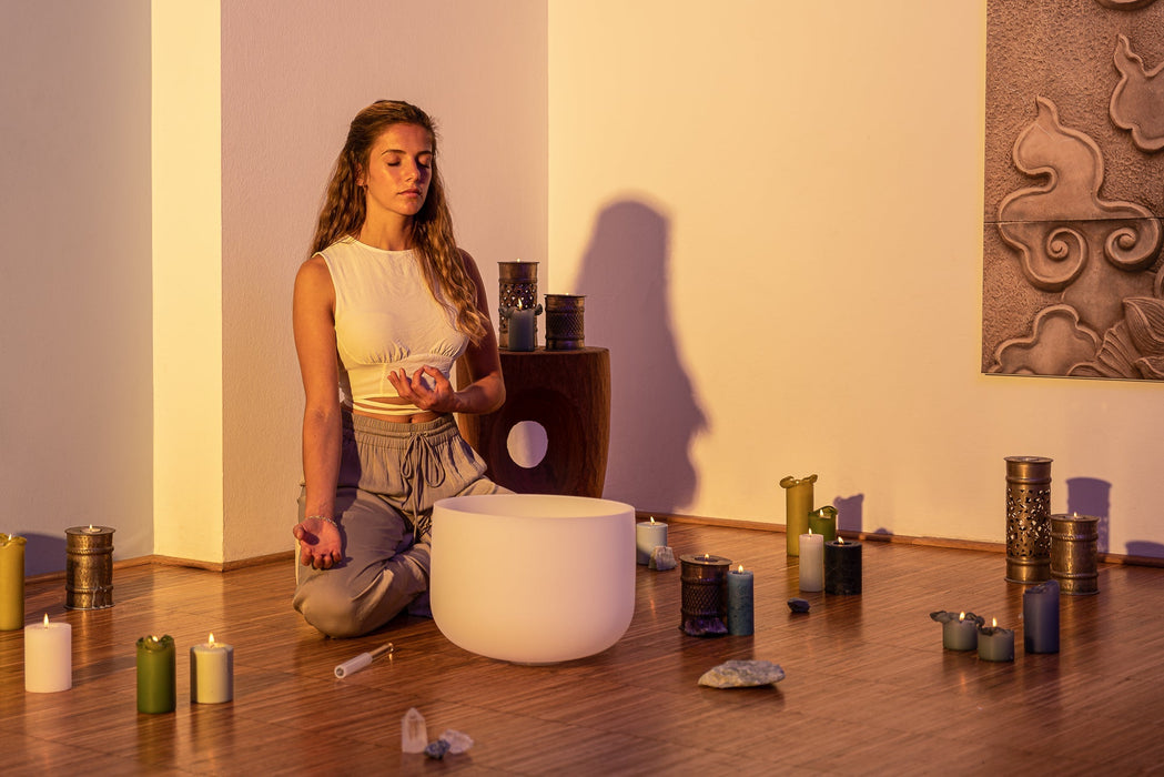 432 Hz 8"-14" Crystal Singing Bowls Chakra Set of 7 - Pure White Frosted Quartz