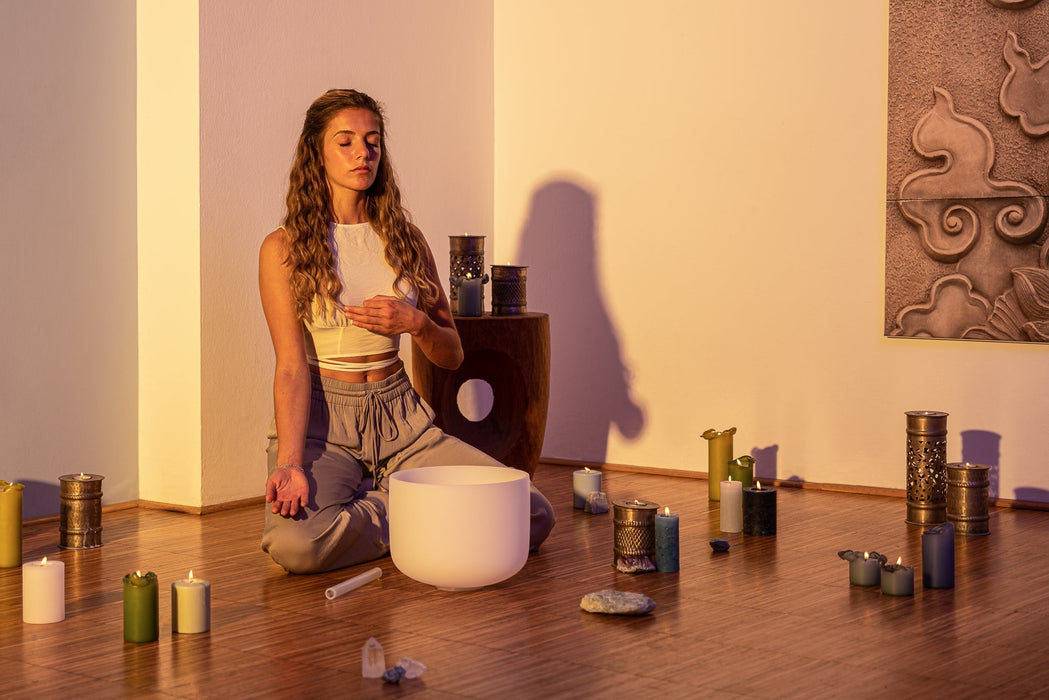 432 Hz 8"-14" Crystal Singing Bowls Chakra Set of 7 - Pure White Frosted Quartz