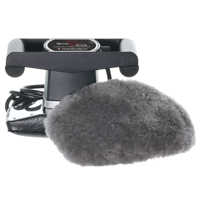 Jeanie Rub Massager and sheep skin cover on white background. 