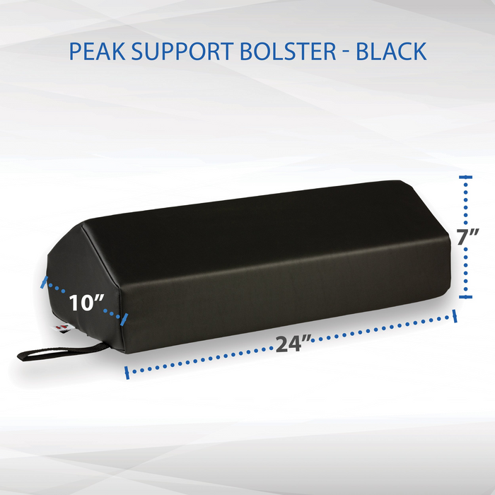 Black peak support bolster with measurements on a white background