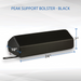 Black peak support bolster with measurements on a white background