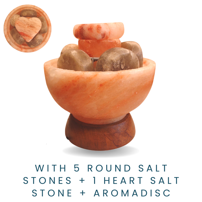 Pink Himalayan Salt Warming Bowl with 5 Professional GRAY Salt Massage Stones + Heart Stone + Aromadisc