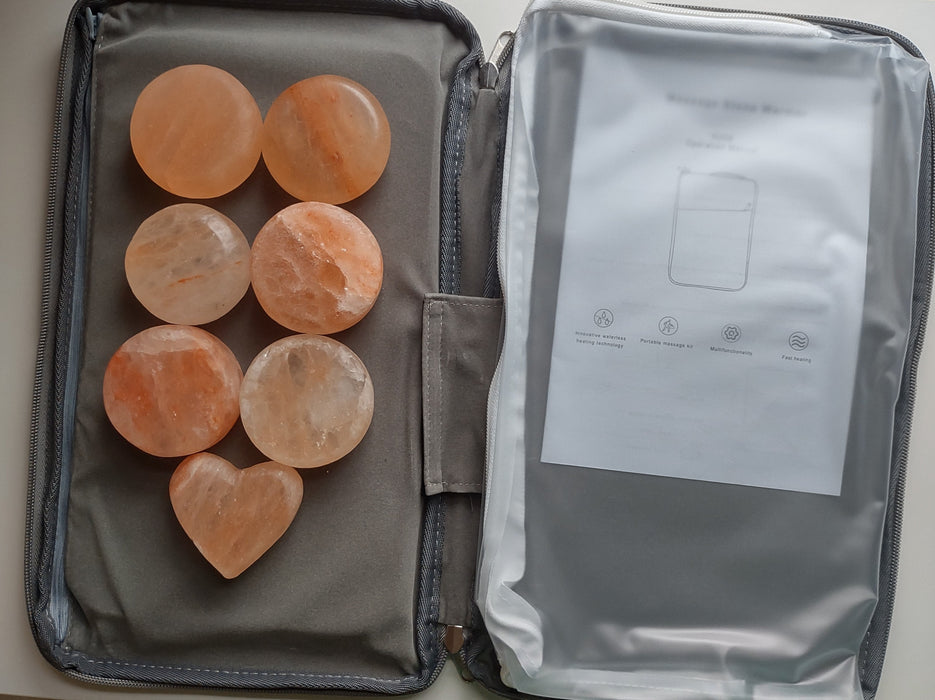 Himalayan Massage Stones and Warming Travel Bag - with 6 round stones + 1 med heart stone