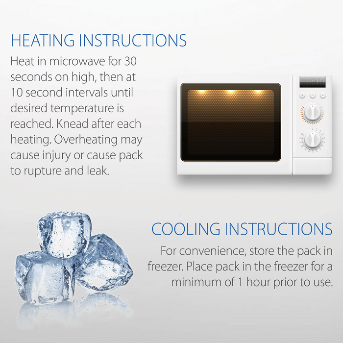 Heating and cooling instructions for a product with a microwave and ice cubes illustration.