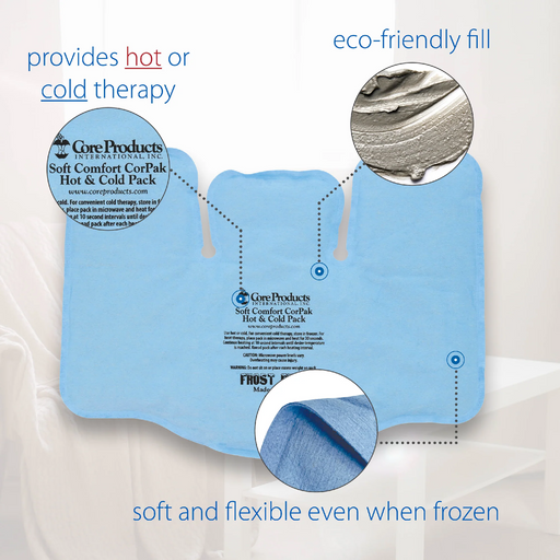Blue Core Products International hot and cold pack with text highlighting features on a white background