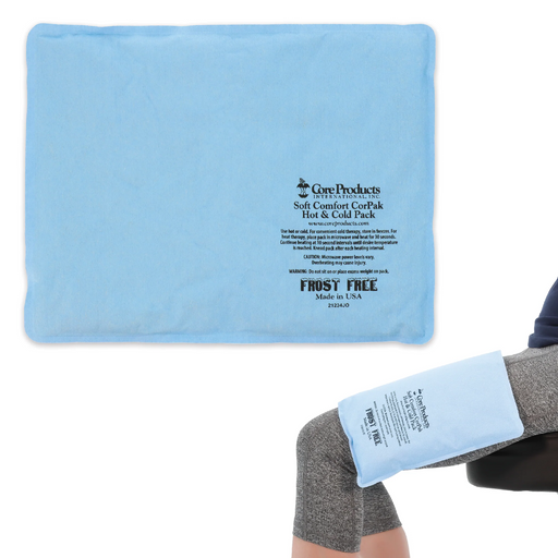 Blue hot and cold pack with a person using it on their arm, branded 'Core Products'.