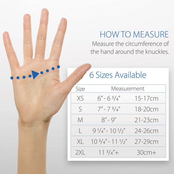 Arthritis Glove Hand measurement guide with size chart on a white background