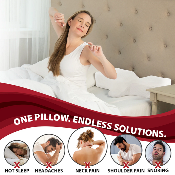 Woman stretching her arms in bed  and promotional text about a pillow solution.