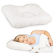 Woman sleeping on a cervical pillow on a white background